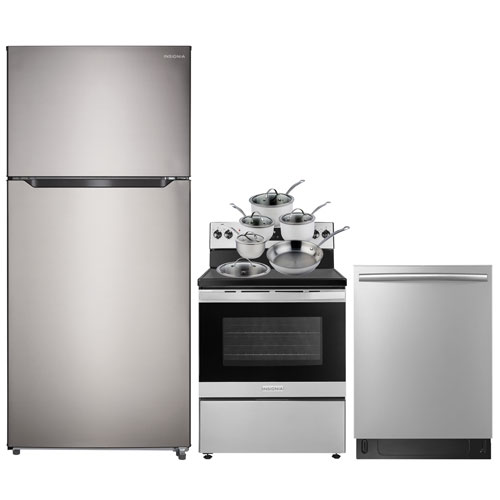 Insignia 18 Cu. Ft. Top Freezer Refrigerator; Electric Range; Dishwasher; Cookware Set - Stainless